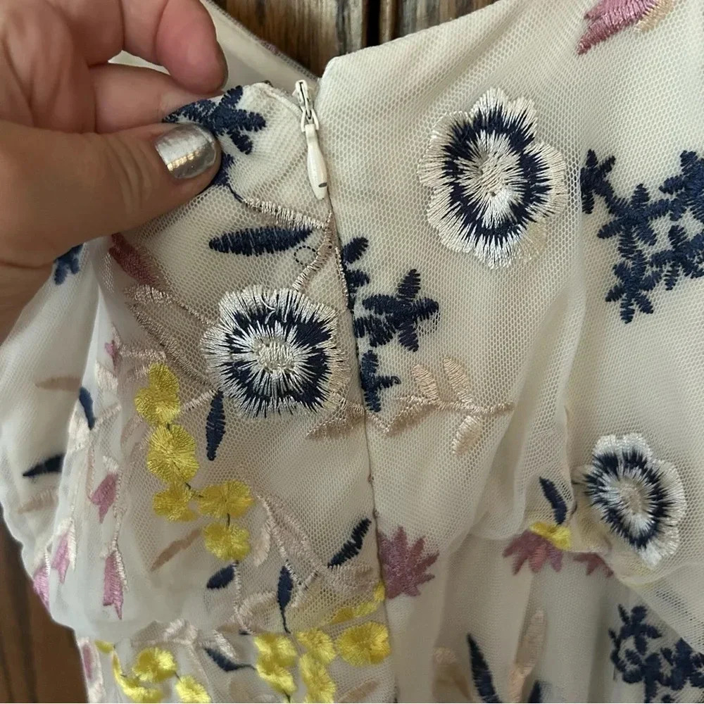 Donna Morgan | Blouson Yellow Floral Embroidered Midi Dress Shoulder Tie | sz 0 - Picture 13 of 13